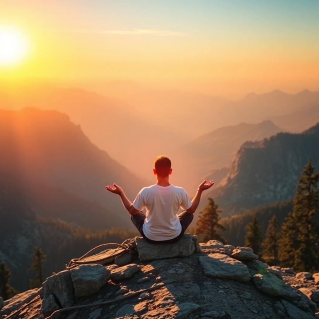 Imagine a person meditating on a mountaintop at sunrise, overlooking a vast and inspiring landscape. The individual is radiating a sense of accomplishment and inner peace. The background should feature majestic mountains, a clear sky, and a rising sun. Capture the feeling of fulfillment and potential through the composition and lighting. Focus on the details of the landscape and the textures of the rocks and trees. The color palette is dominated by warm oranges, yellows, and blues. The overall style should be photorealistic, emphasizing the grandeur of nature and the transformative power of meditation.