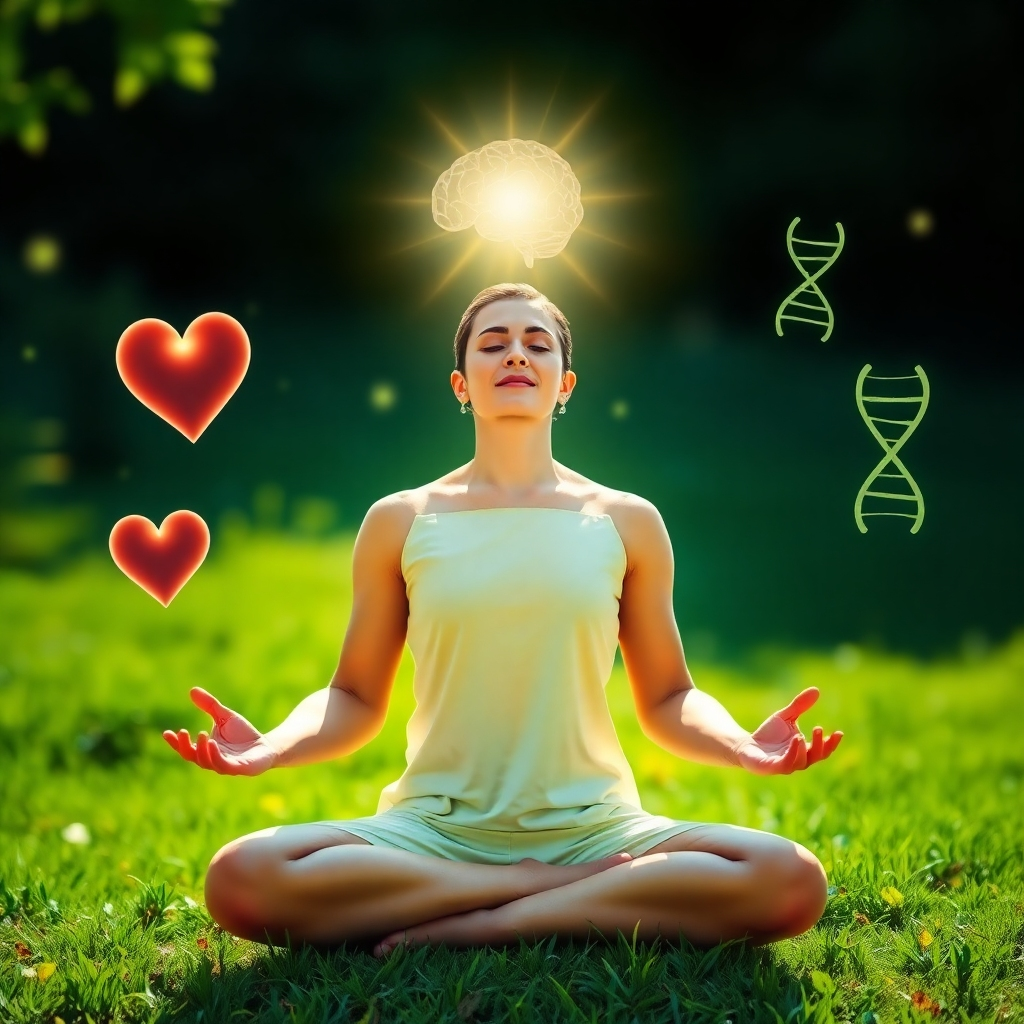 Visualize a person meditating outdoors, radiating a healthy glow. Surrounding them are subtle visual representations of well-being: a heart emitting a soft light, a brain with active neural pathways, and a DNA strand symbolizing vitality. The background should feature a natural setting with elements of fresh air and sunshine. The color palette is dominated by vibrant greens, blues, and golds. The overall style should be photorealistic, emphasizing the connection between meditation and health. The image should convey a sense of vitality and inner peace.
